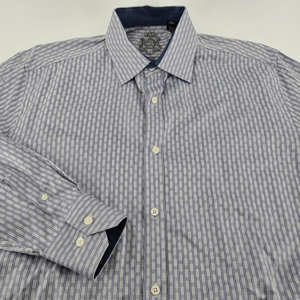 English‎ Laundry Shirt Mens 16 34/35 Blue Plaid Stripe Button Up Cotton Dress
